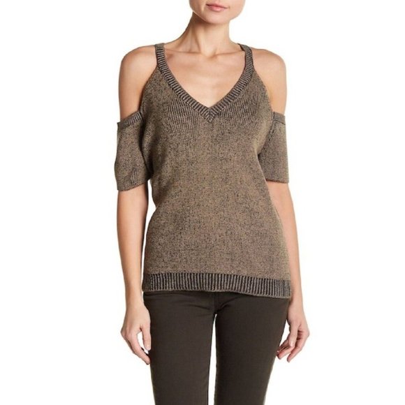 $175 SPLENDID Cold Shoulder Short Sleeve Wool Blend Sweater Camel/Charcoal ( M ) - Picture 1 of 2